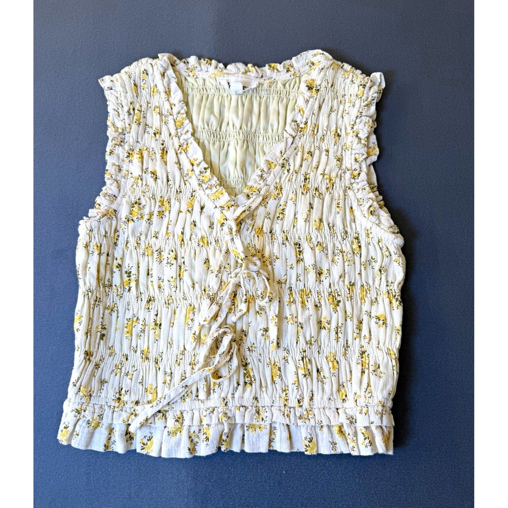 &merci Women's Small Floral Smocked Crop Top Cottagecore Ruffle Tie Front Cream